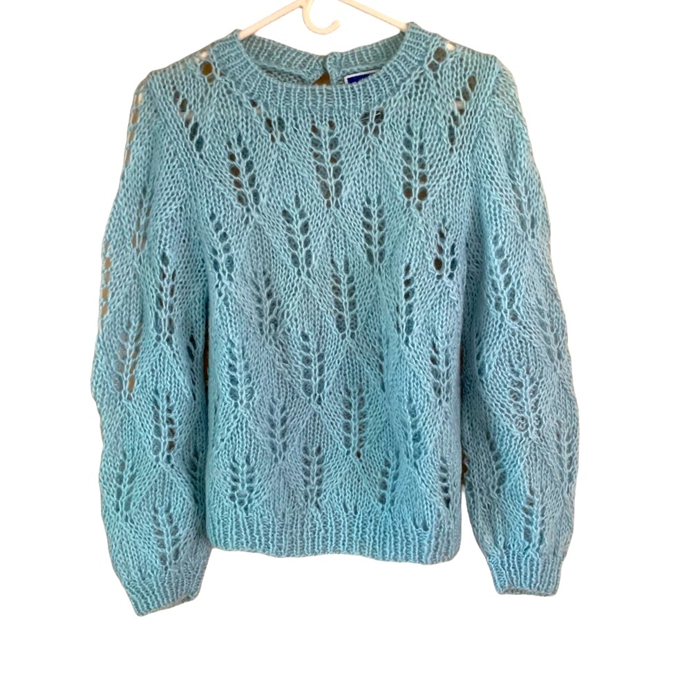 Between Stops Hand Knit Light Blue Sweater Crew Neck Open Knit Keyhole Back